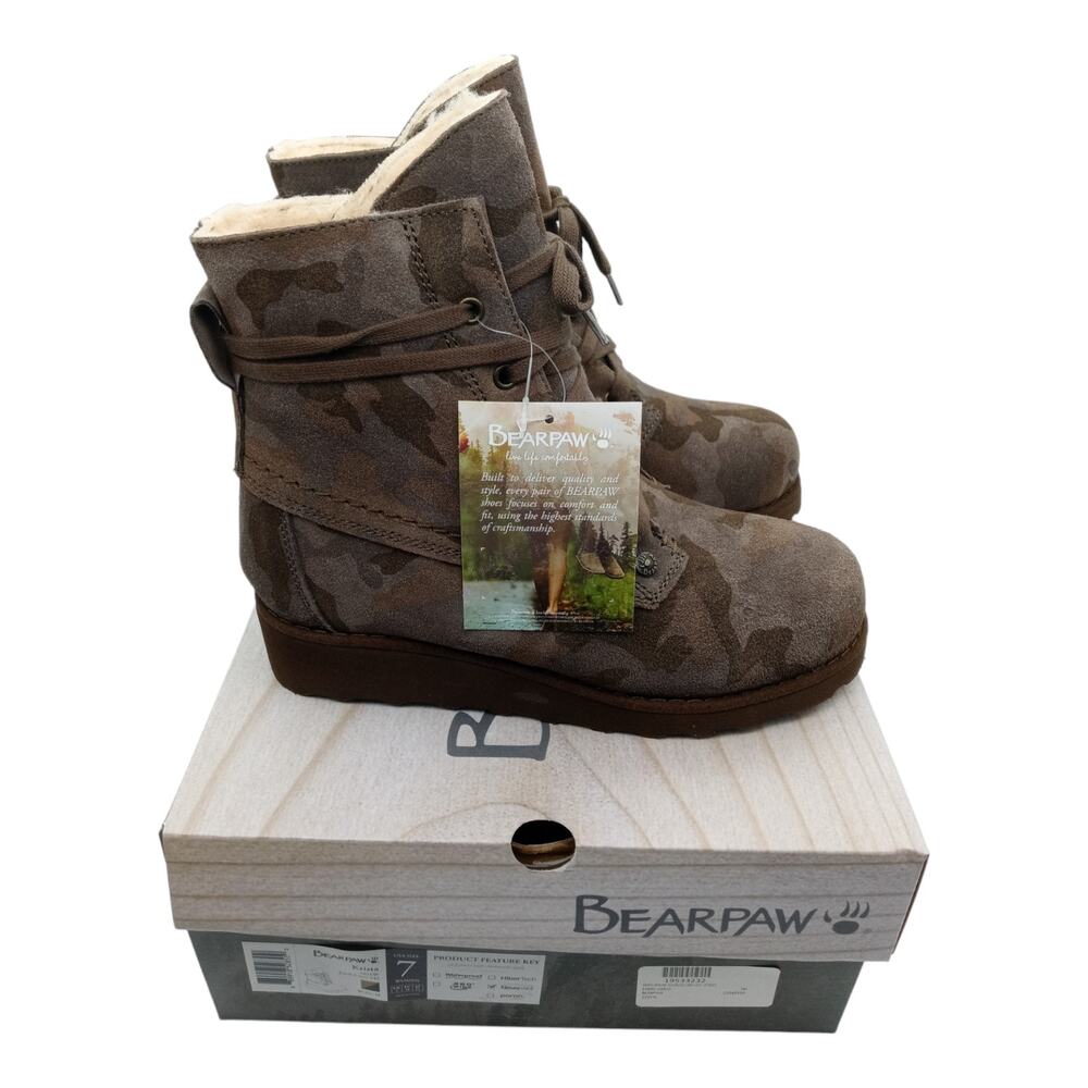 BEARPAW Krista Genuine Shearling Lined Lace-Up Boot - Earth Camo 242, USA 7M